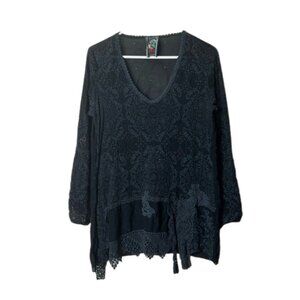 Johnny Was gray blue eyelet lace embroidered cupra tunic top XS